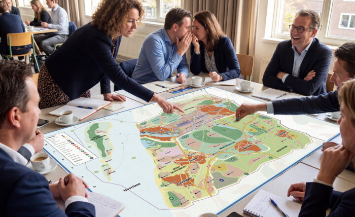 Spelers verzameld om het spelbord van de serious game Laakdam