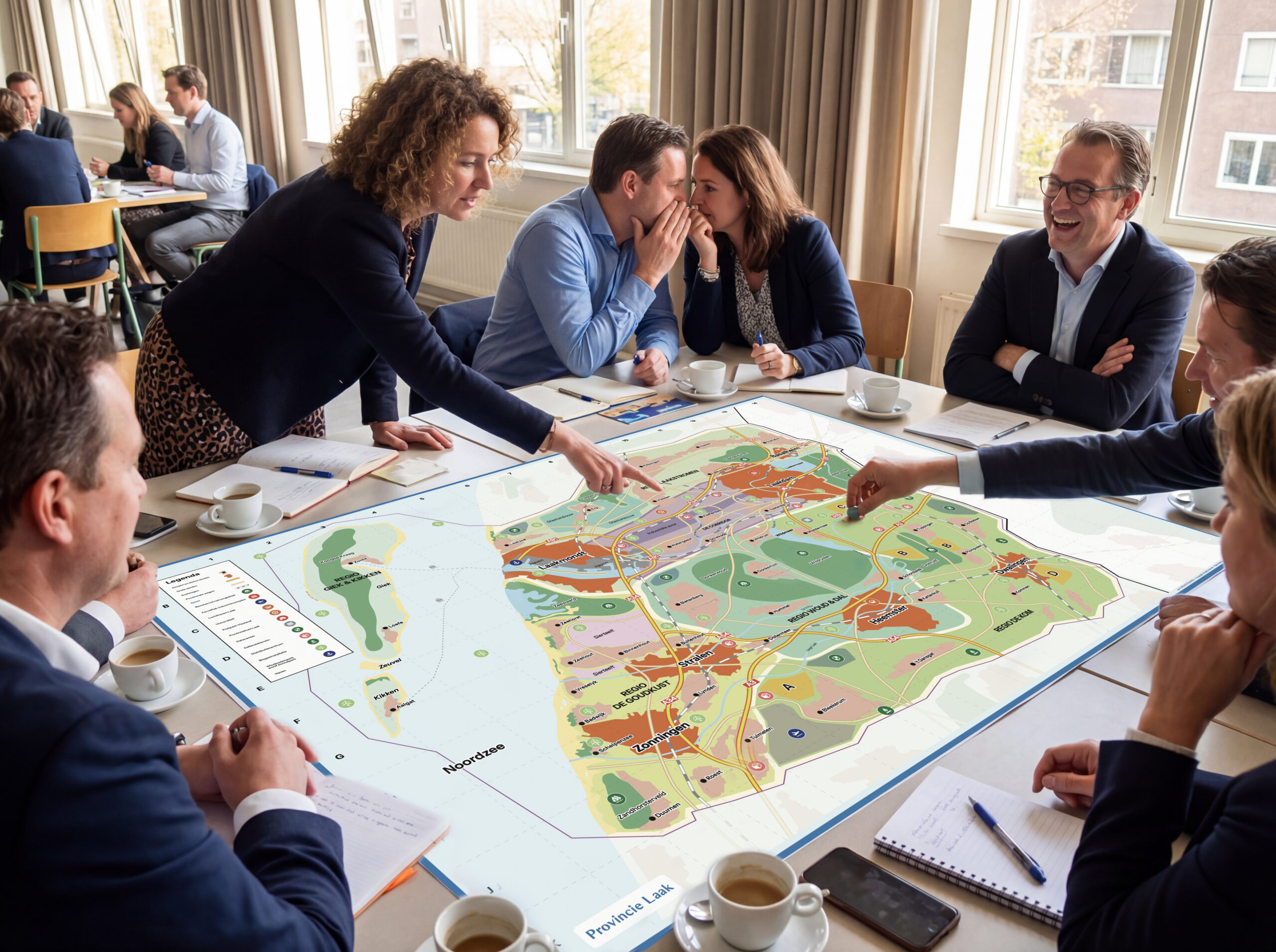 Spelers verzameld om het spelbord van de serious game Laakdam